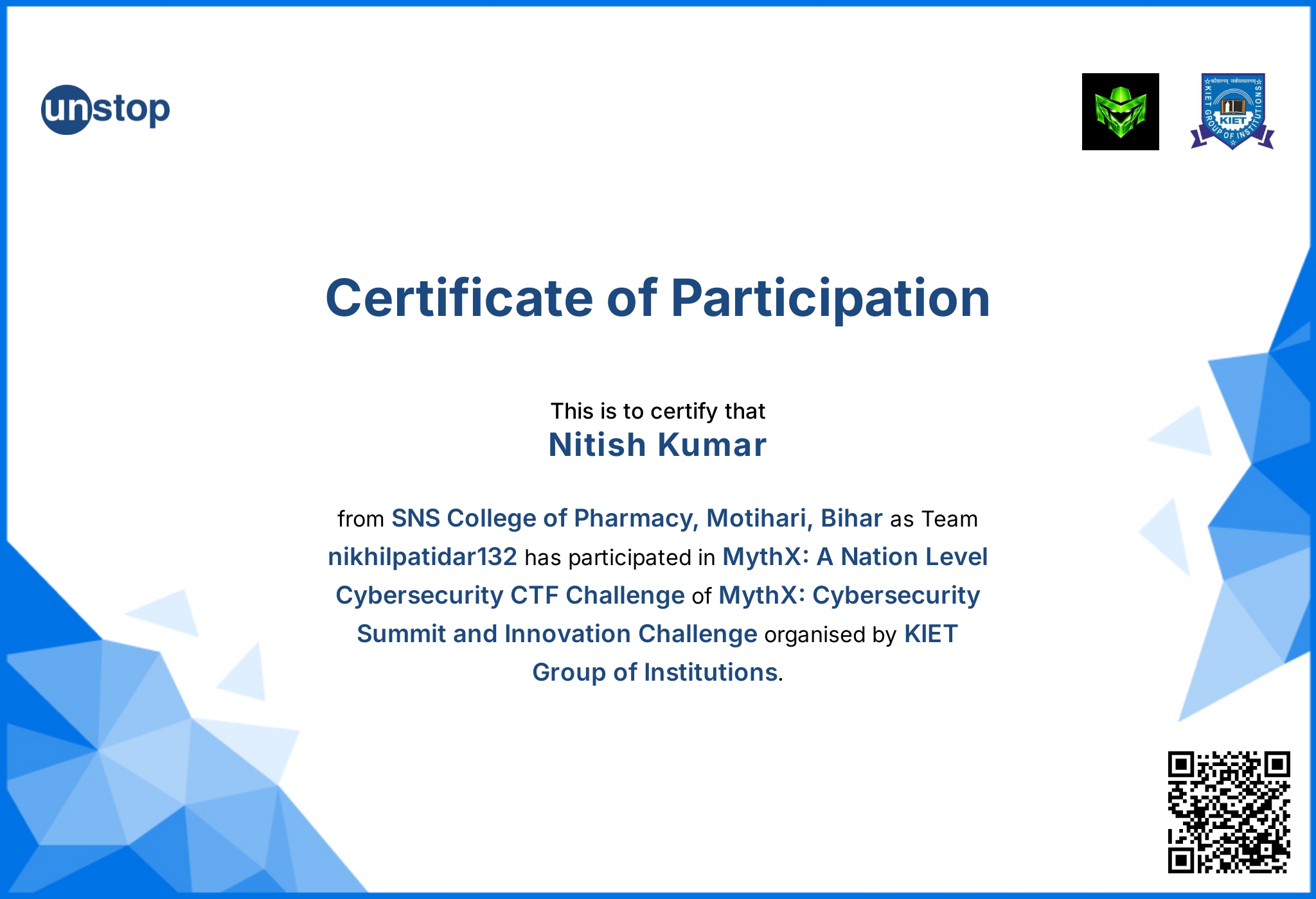 Digital CyberHunt CTF Certificate